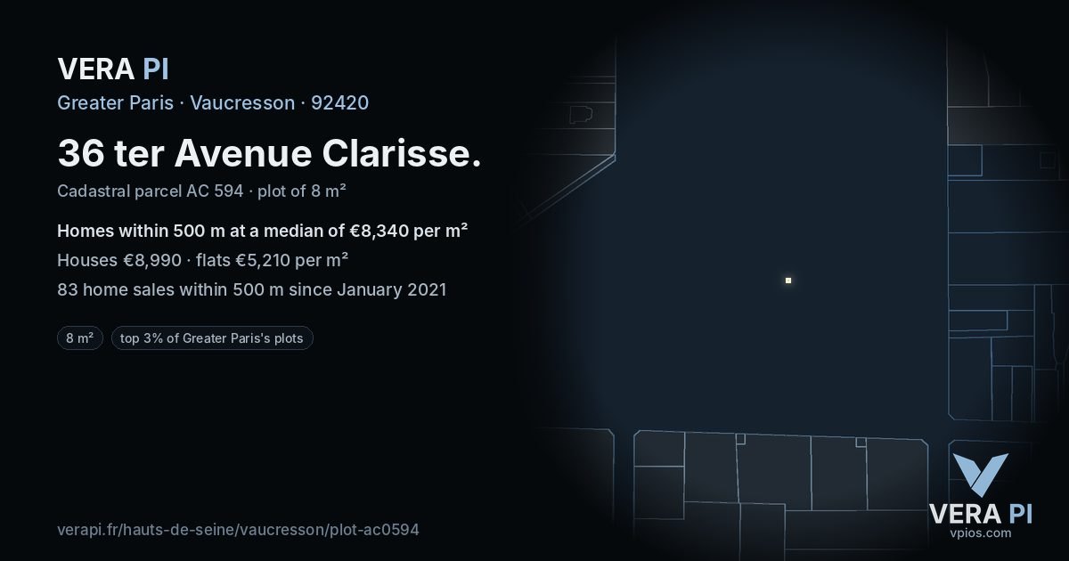 36 ter Avenue Clarisse, Vaucresson at night – the plot lit, the parcels around coloured by the prices near them