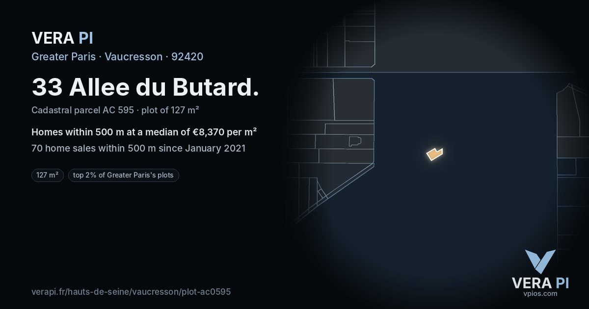 33 Allee du Butard, Vaucresson at night – the plot lit, the parcels around coloured by the prices near them