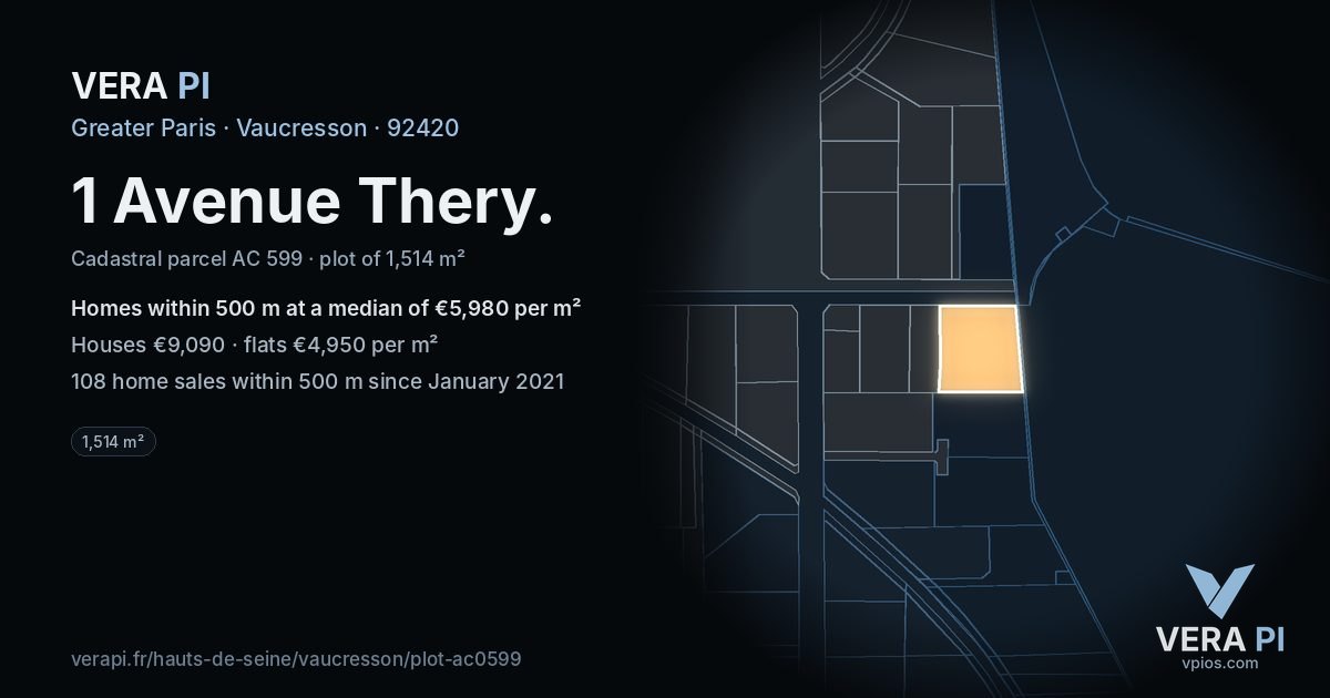 1 Avenue Thery, Vaucresson at night – the plot lit, the parcels around coloured by the prices near them