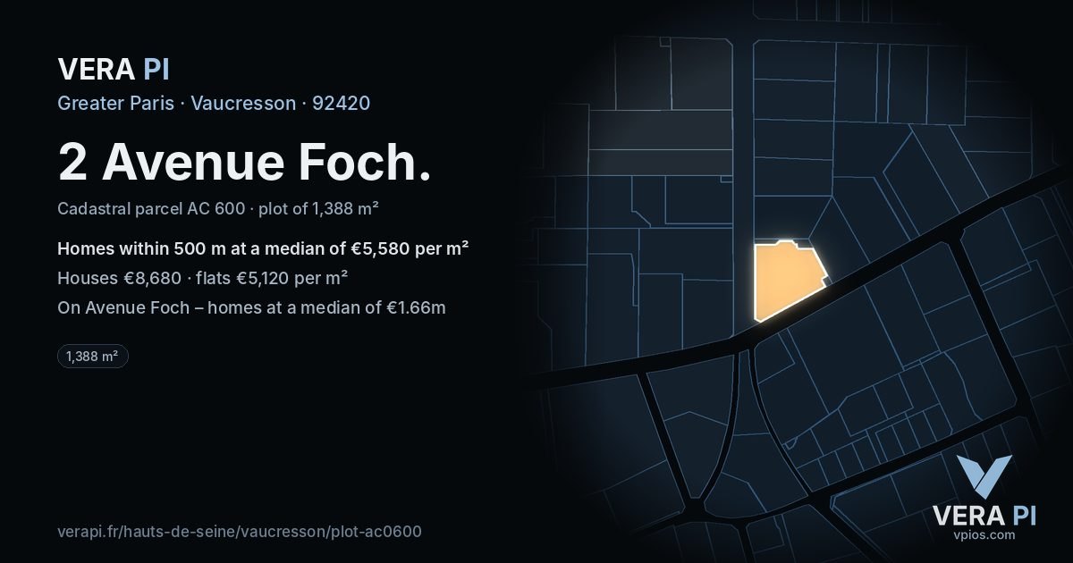 2 Avenue Foch, Vaucresson at night – the plot lit, the parcels around coloured by the prices near them