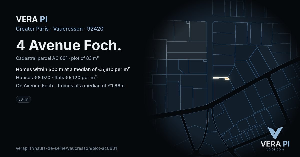4 Avenue Foch, Vaucresson at night – the plot lit, the parcels around coloured by the prices near them