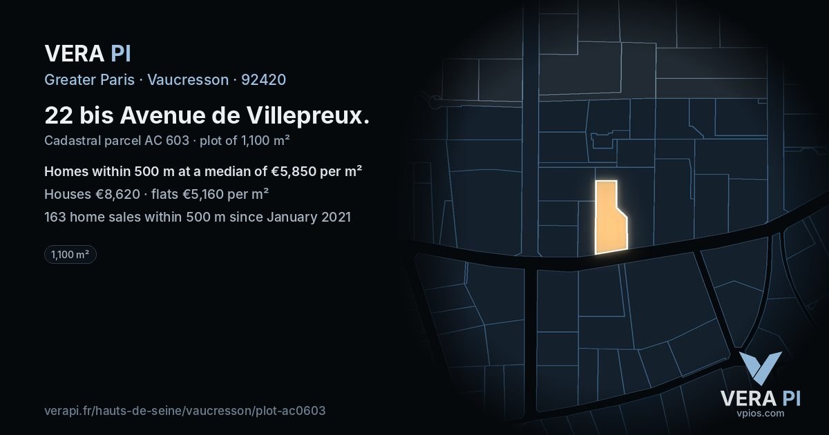22 bis Avenue de Villepreux, Vaucresson at night – the plot lit, the parcels around coloured by the prices near them