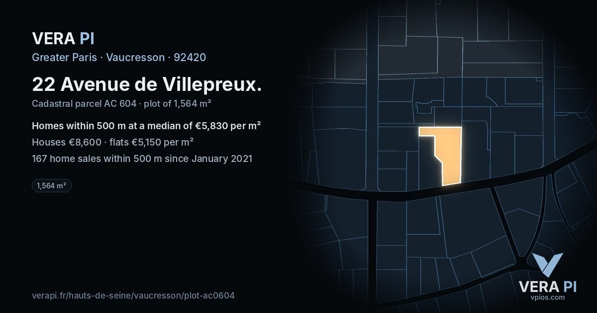 22 Avenue de Villepreux, Vaucresson at night – the plot lit, the parcels around coloured by the prices near them