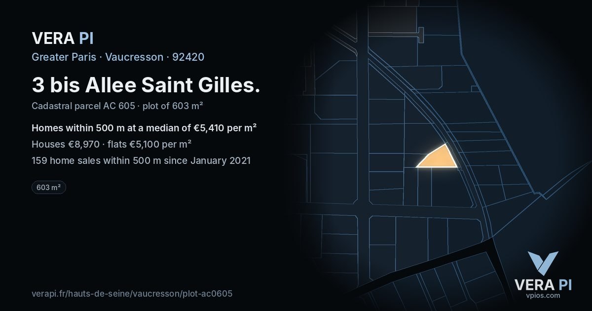 3 bis Allee Saint Gilles, Vaucresson at night – the plot lit, the parcels around coloured by the prices near them