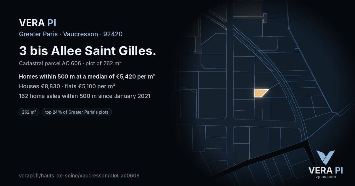 3 bis Allee Saint Gilles, Vaucresson at night – the plot lit, the parcels around coloured by the prices near them