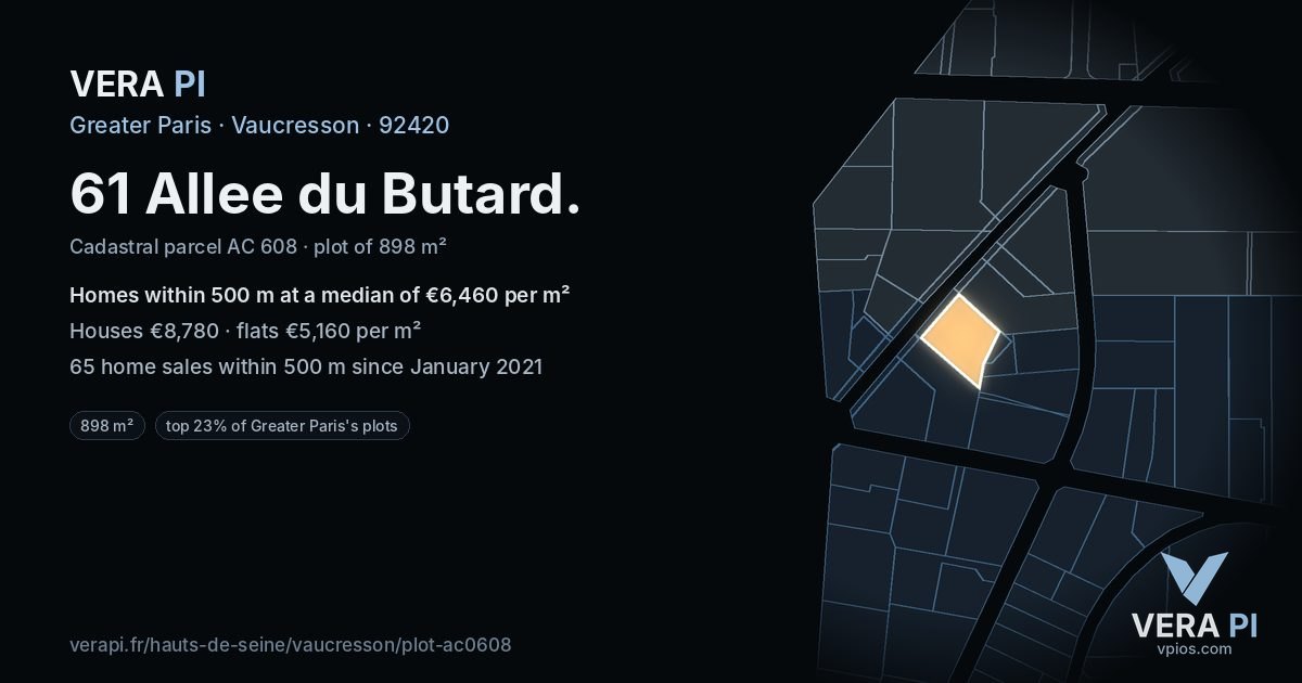 61 Allee du Butard, Vaucresson at night – the plot lit, the parcels around coloured by the prices near them