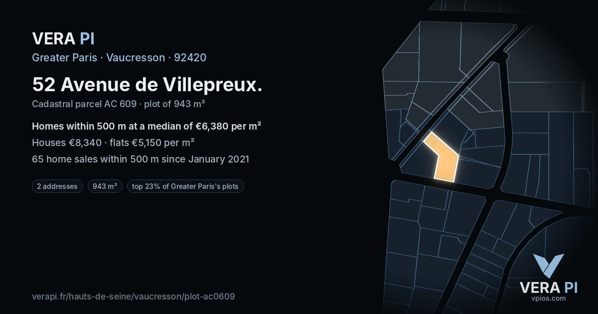 52 Avenue de Villepreux, Vaucresson at night – the plot lit, the parcels around coloured by the prices near them