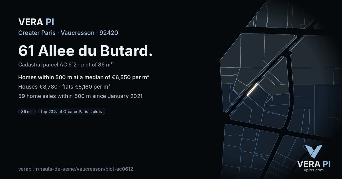 61 Allee du Butard, Vaucresson at night – the plot lit, the parcels around coloured by the prices near them