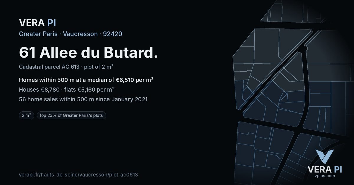 61 Allee du Butard, Vaucresson at night – the plot lit, the parcels around coloured by the prices near them