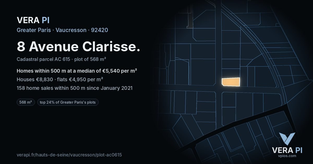 8 Avenue Clarisse, Vaucresson at night – the plot lit, the parcels around coloured by the prices near them
