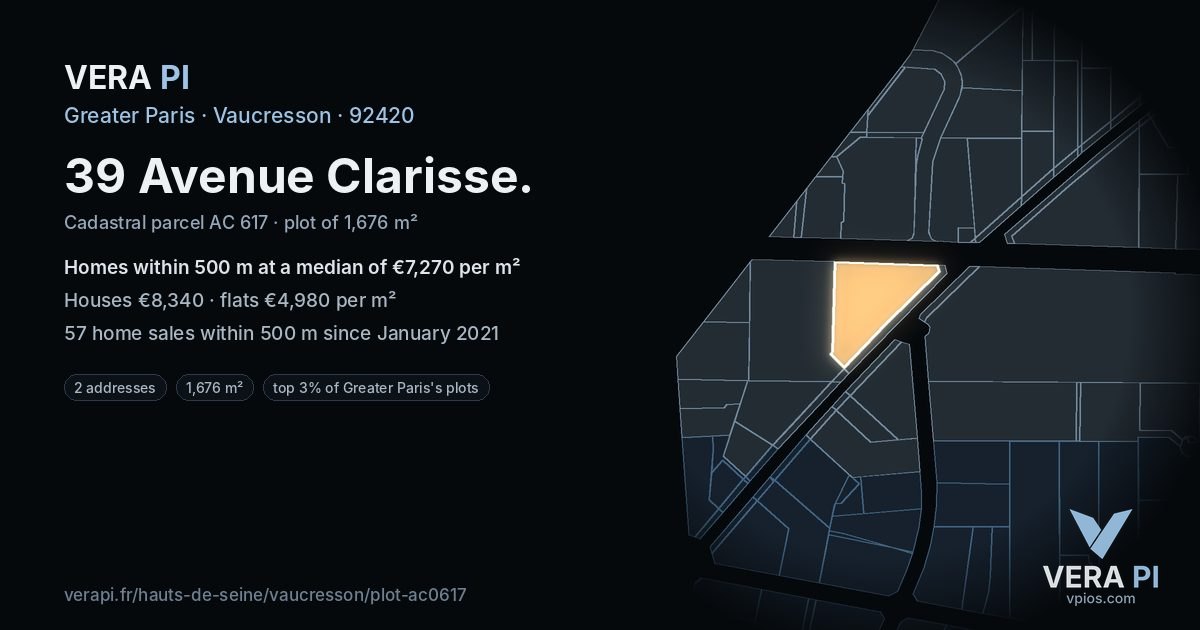 39 Avenue Clarisse, Vaucresson at night – the plot lit, the parcels around coloured by the prices near them