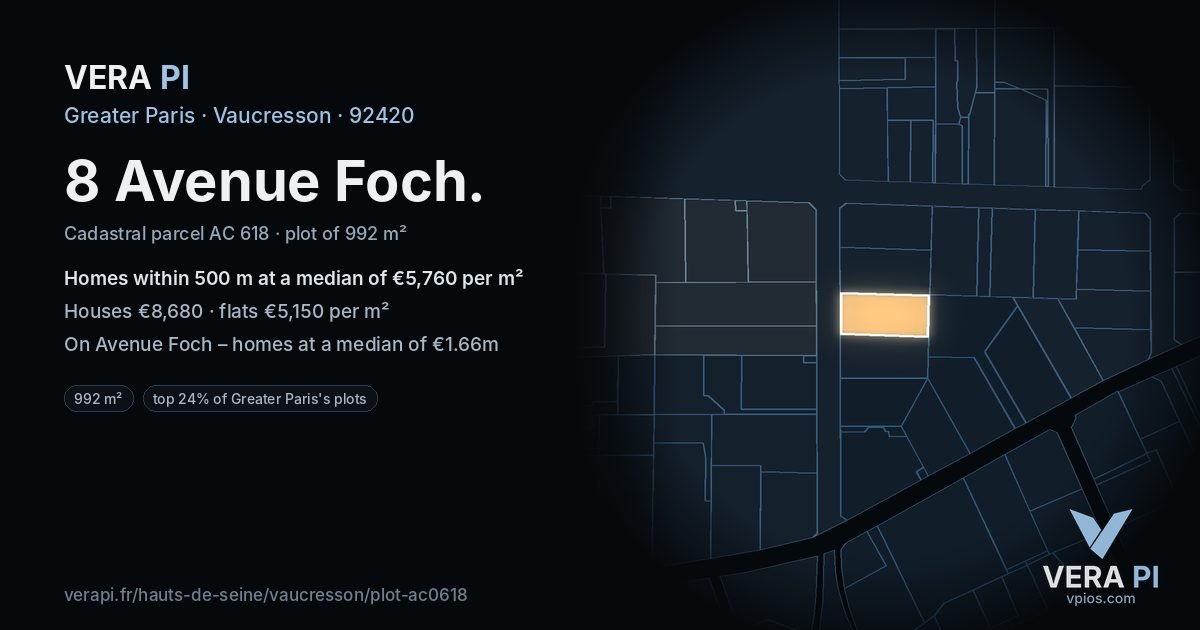 8 Avenue Foch, Vaucresson at night – the plot lit, the parcels around coloured by the prices near them