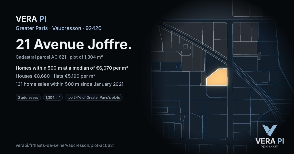 21 Avenue Joffre, Vaucresson at night – the plot lit, the parcels around coloured by the prices near them