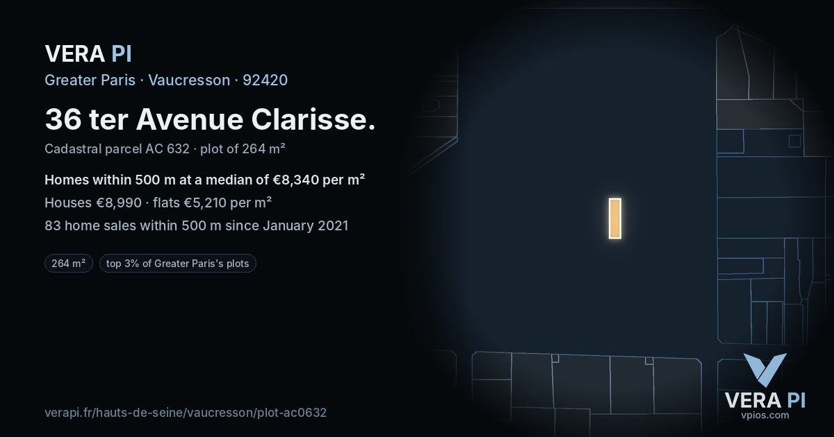 36 ter Avenue Clarisse, Vaucresson at night – the plot lit, the parcels around coloured by the prices near them