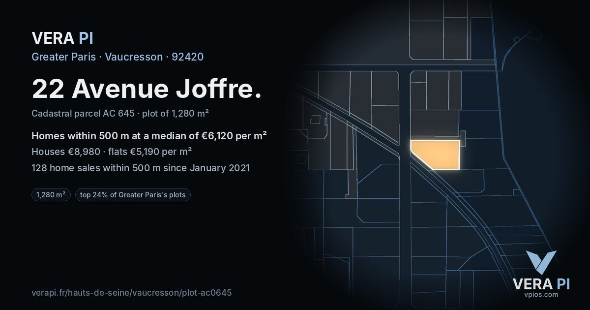 22 Avenue Joffre, Vaucresson at night – the plot lit, the parcels around coloured by the prices near them