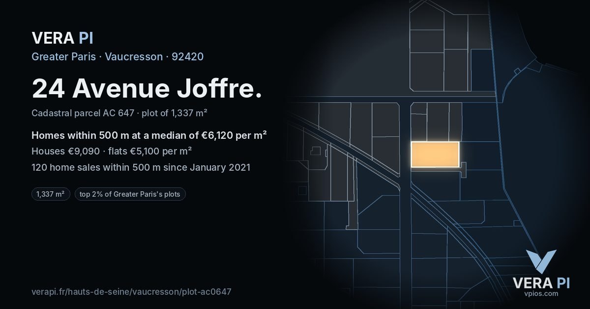 24 Avenue Joffre, Vaucresson at night – the plot lit, the parcels around coloured by the prices near them