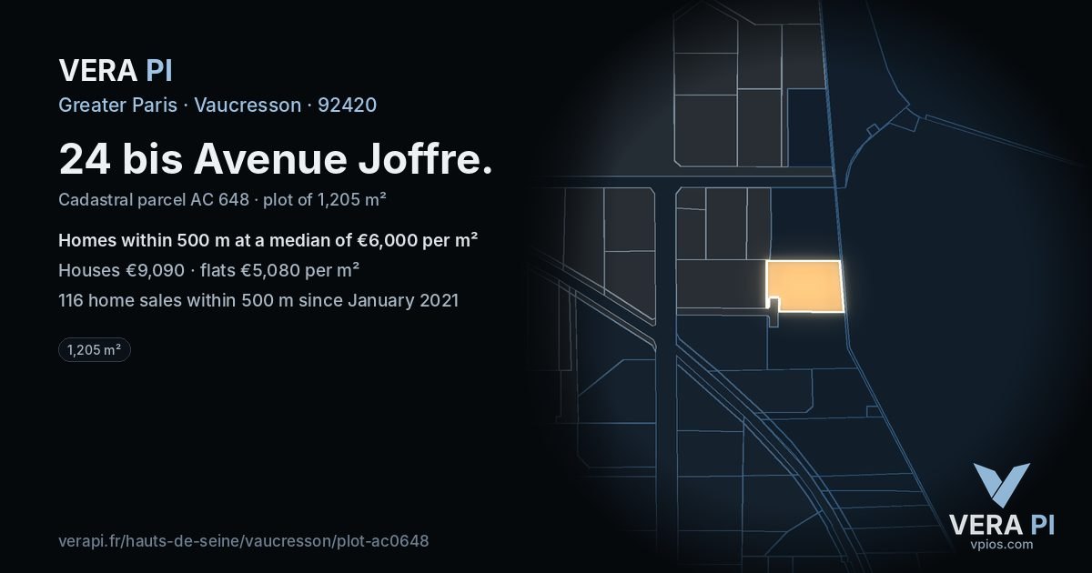 24 bis Avenue Joffre, Vaucresson at night – the plot lit, the parcels around coloured by the prices near them
