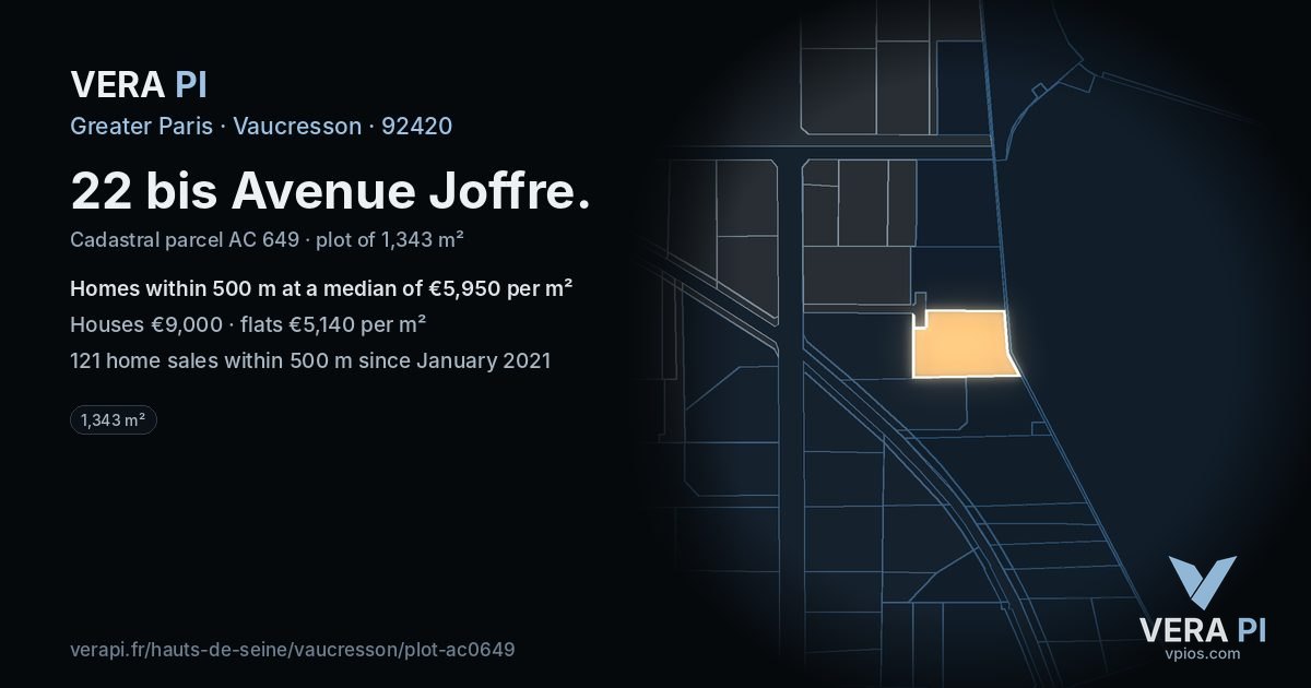 22 bis Avenue Joffre, Vaucresson at night – the plot lit, the parcels around coloured by the prices near them