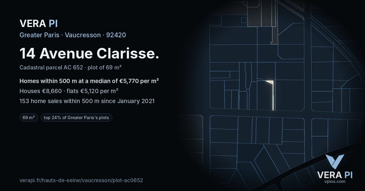 14 Avenue Clarisse, Vaucresson at night – the plot lit, the parcels around coloured by the prices near them