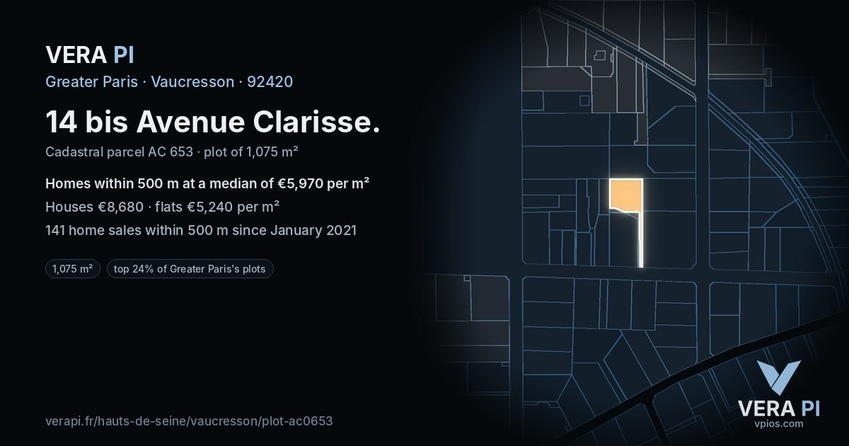 14 bis Avenue Clarisse, Vaucresson at night – the plot lit, the parcels around coloured by the prices near them