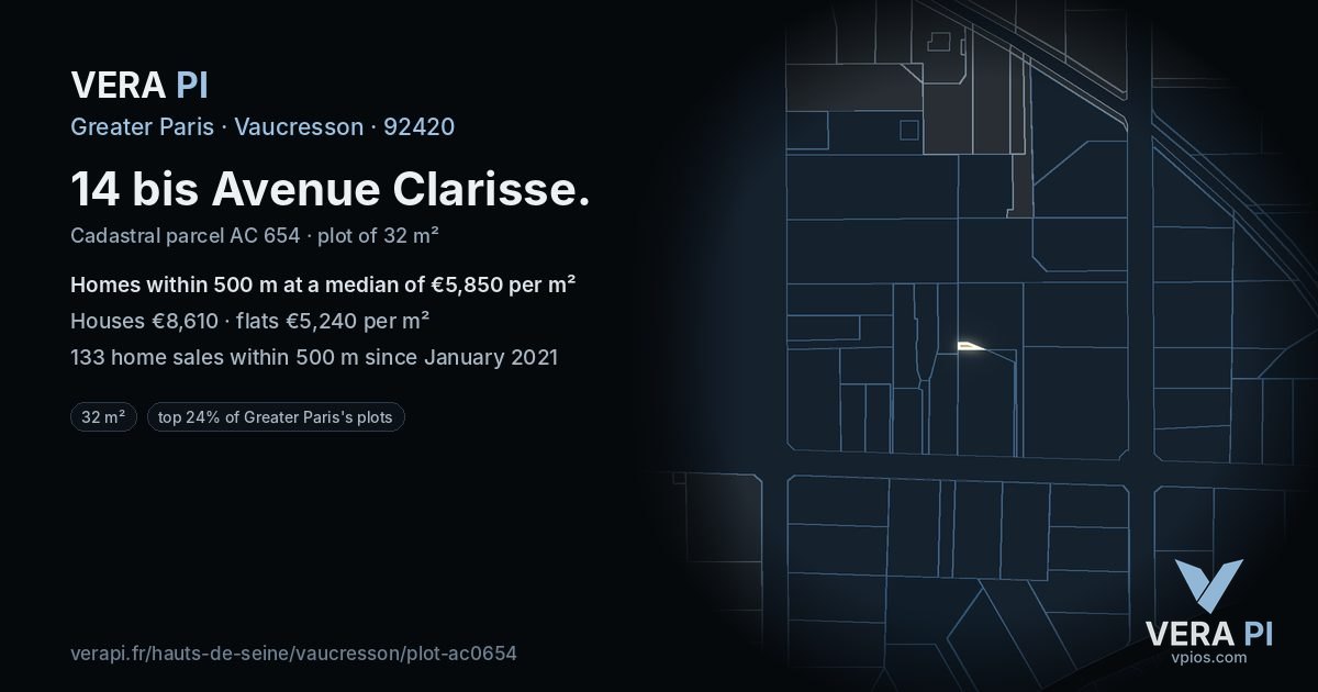 14 bis Avenue Clarisse, Vaucresson at night – the plot lit, the parcels around coloured by the prices near them