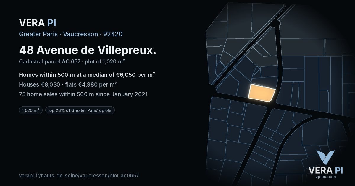 48 Avenue de Villepreux, Vaucresson at night – the plot lit, the parcels around coloured by the prices near them