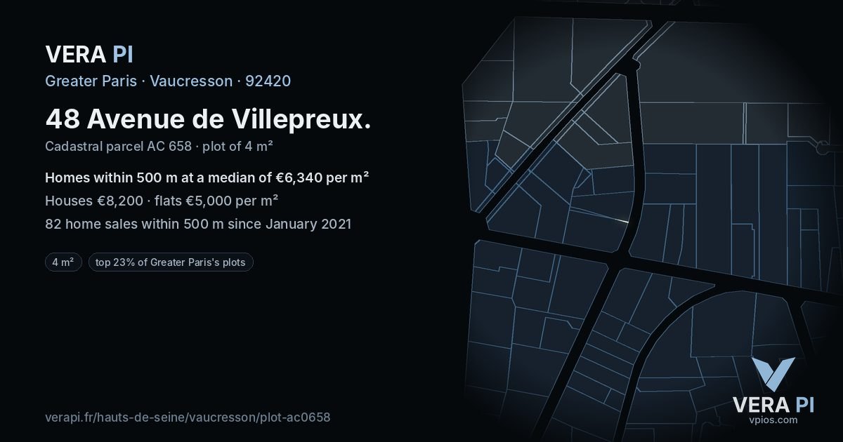 48 Avenue de Villepreux, Vaucresson at night – the plot lit, the parcels around coloured by the prices near them