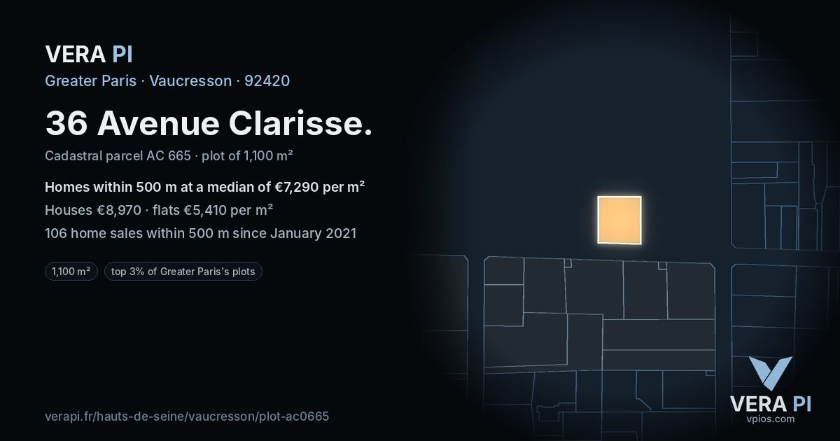 36 Avenue Clarisse, Vaucresson at night – the plot lit, the parcels around coloured by the prices near them