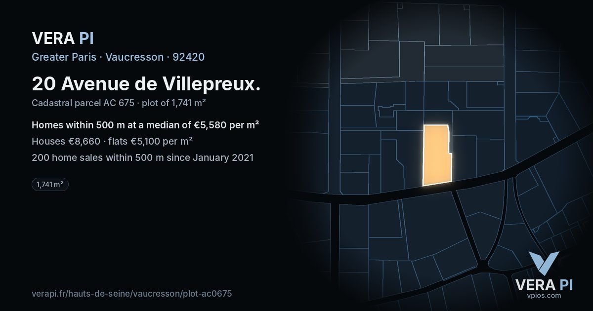 20 Avenue de Villepreux, Vaucresson at night – the plot lit, the parcels around coloured by the prices near them