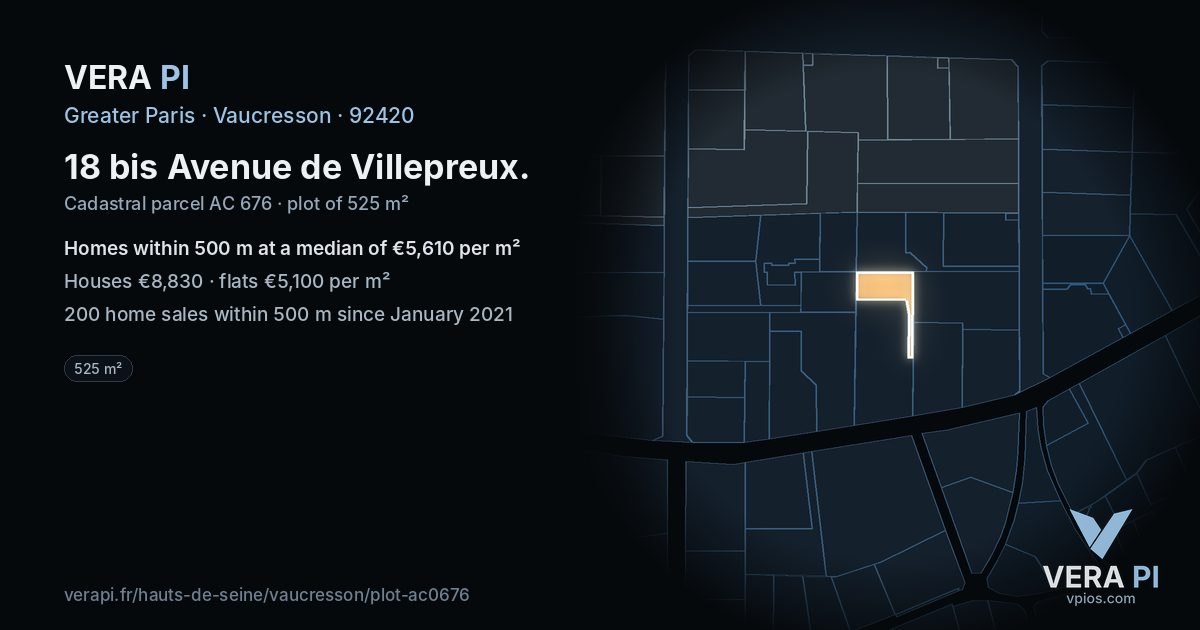 18 bis Avenue de Villepreux, Vaucresson at night – the plot lit, the parcels around coloured by the prices near them