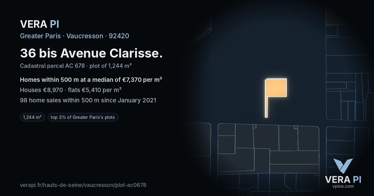 36 bis Avenue Clarisse, Vaucresson at night – the plot lit, the parcels around coloured by the prices near them