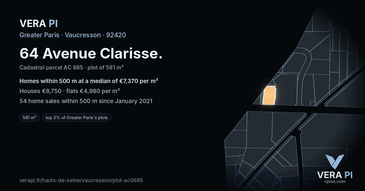 64 Avenue Clarisse, Vaucresson at night – the plot lit, the parcels around coloured by the prices near them