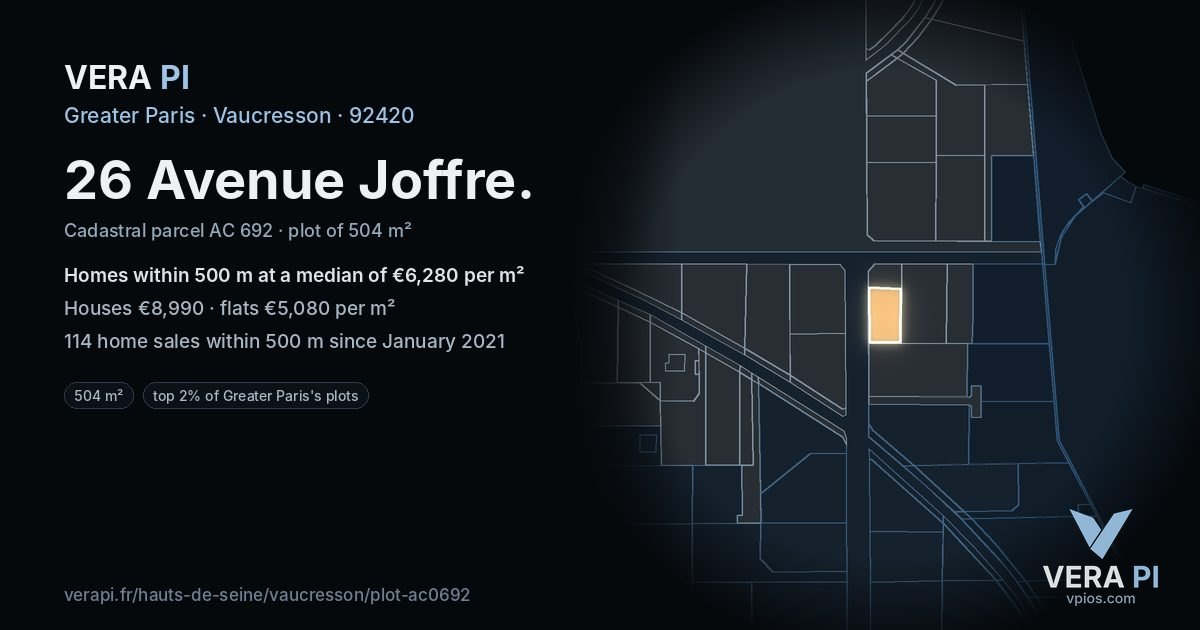26 Avenue Joffre, Vaucresson at night – the plot lit, the parcels around coloured by the prices near them