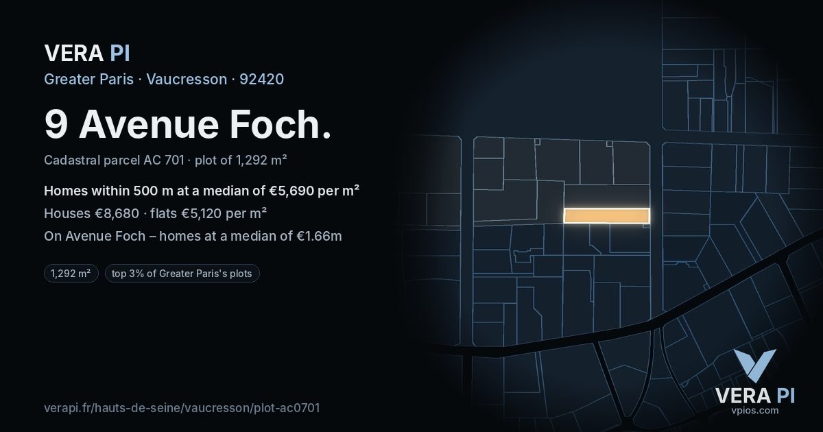 9 Avenue Foch, Vaucresson at night – the plot lit, the parcels around coloured by the prices near them
