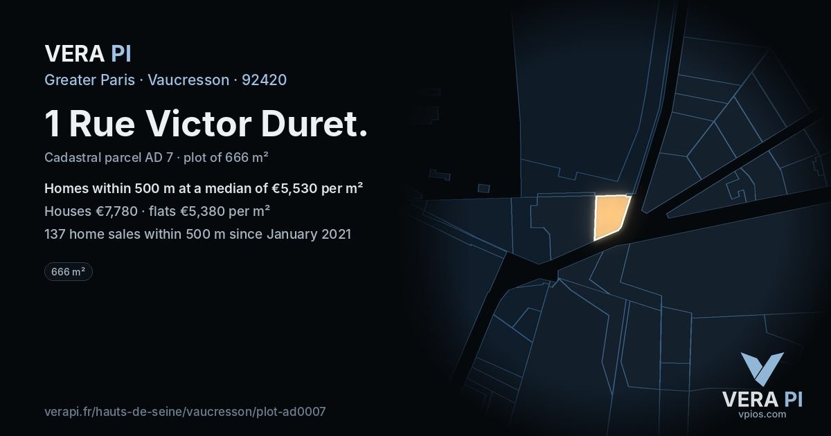 1 Rue Victor Duret, Vaucresson at night – the plot lit, the parcels around coloured by the prices near them