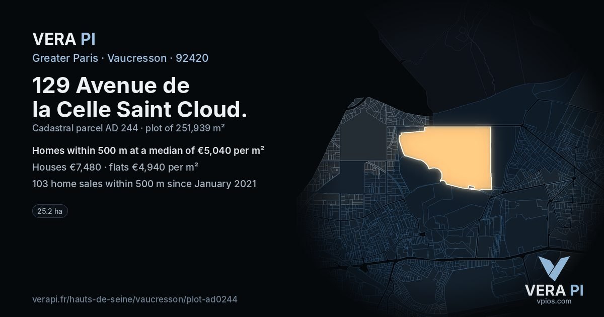 129 Avenue de la Celle Saint Cloud, Vaucresson at night – the plot lit, the parcels around coloured by the prices near them