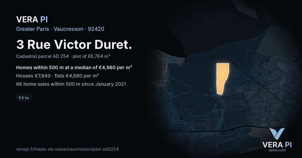 3 Rue Victor Duret, Vaucresson at night – the plot lit, the parcels around coloured by the prices near them