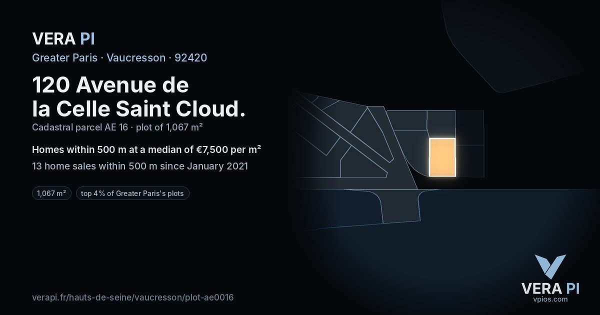120 Avenue de la Celle Saint Cloud, Vaucresson at night – the plot lit, the parcels around coloured by the prices near them