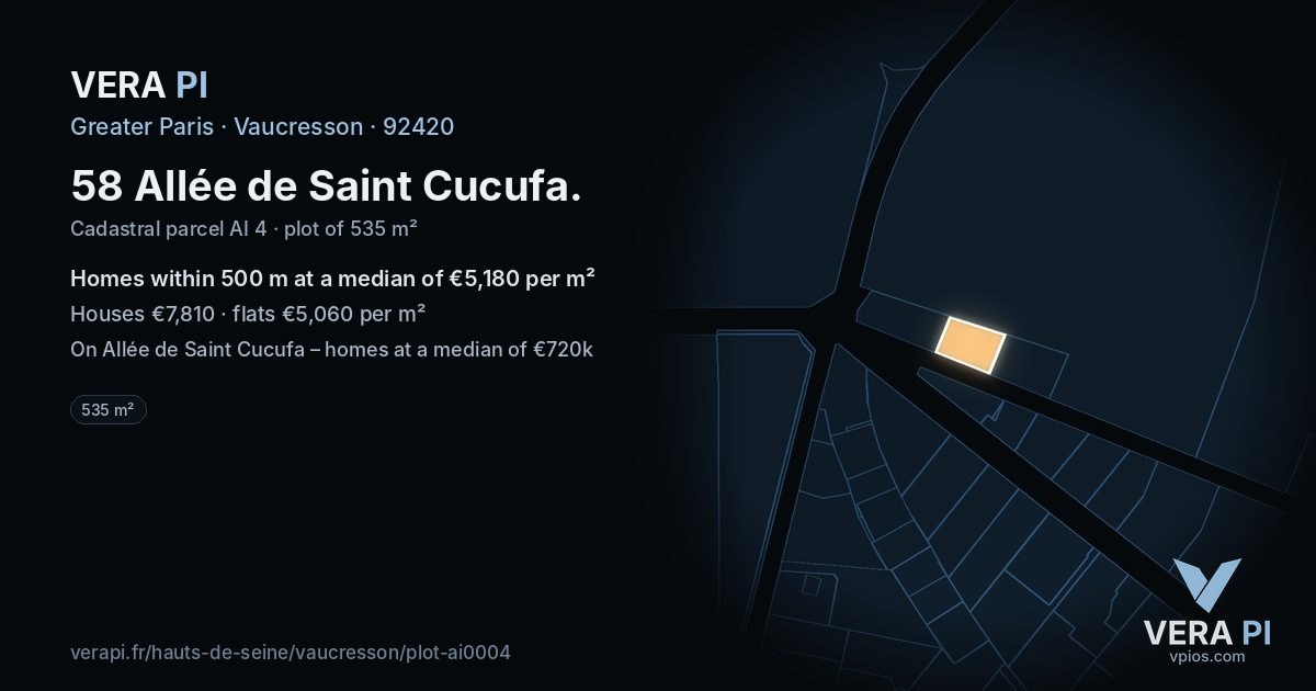 58 Allée de Saint Cucufa, Vaucresson at night – the plot lit, the parcels around coloured by the prices near them