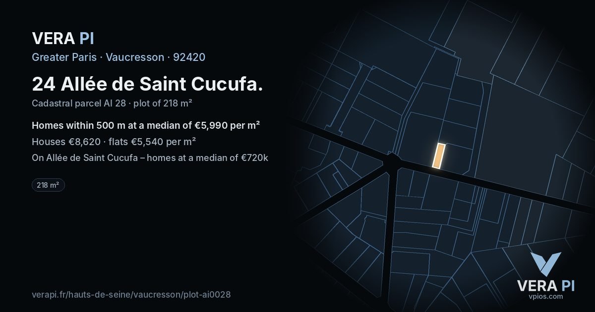 24 Allée de Saint Cucufa, Vaucresson at night – the plot lit, the parcels around coloured by the prices near them