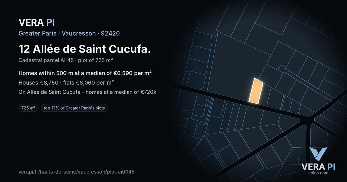 12 Allée de Saint Cucufa, Vaucresson at night – the plot lit, the parcels around coloured by the prices near them