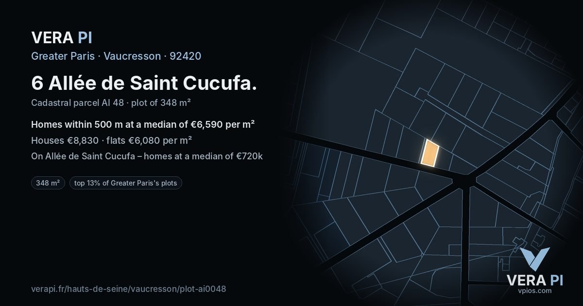 6 Allée de Saint Cucufa, Vaucresson at night – the plot lit, the parcels around coloured by the prices near them