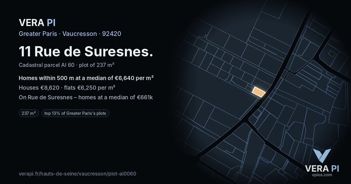 11 Rue de Suresnes, Vaucresson at night – the plot lit, the parcels around coloured by the prices near them