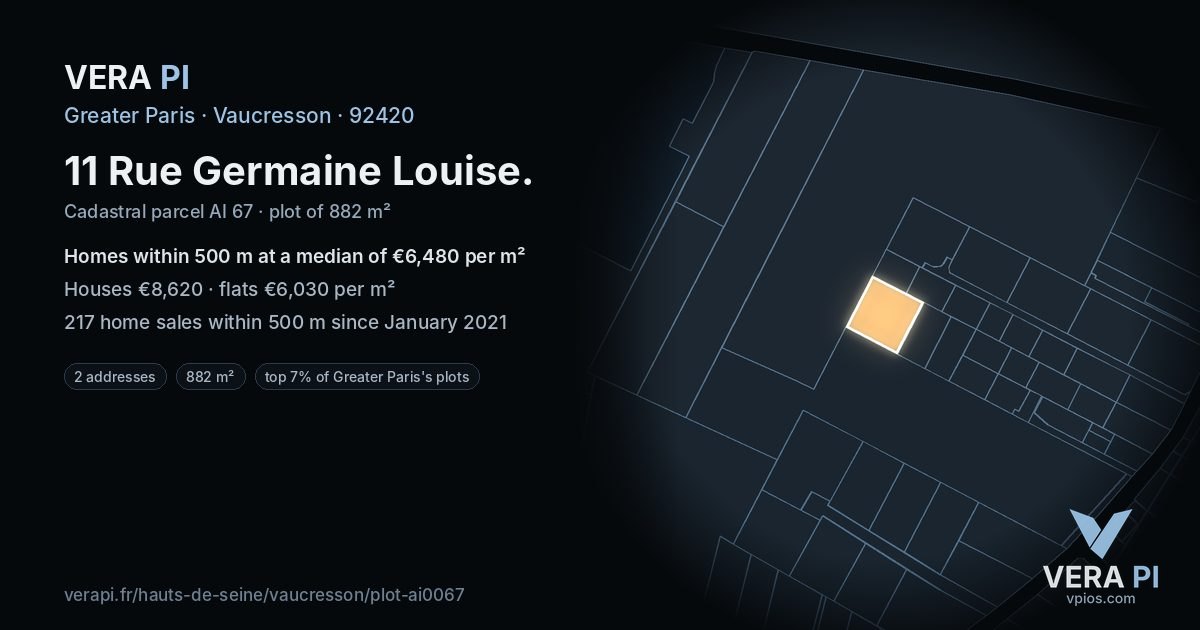 11 Rue Germaine Louise, Vaucresson at night – the plot lit, the parcels around coloured by the prices near them