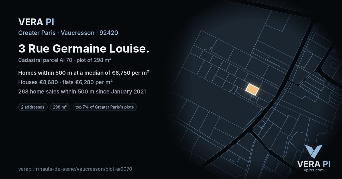 3 Rue Germaine Louise, Vaucresson at night – the plot lit, the parcels around coloured by the prices near them