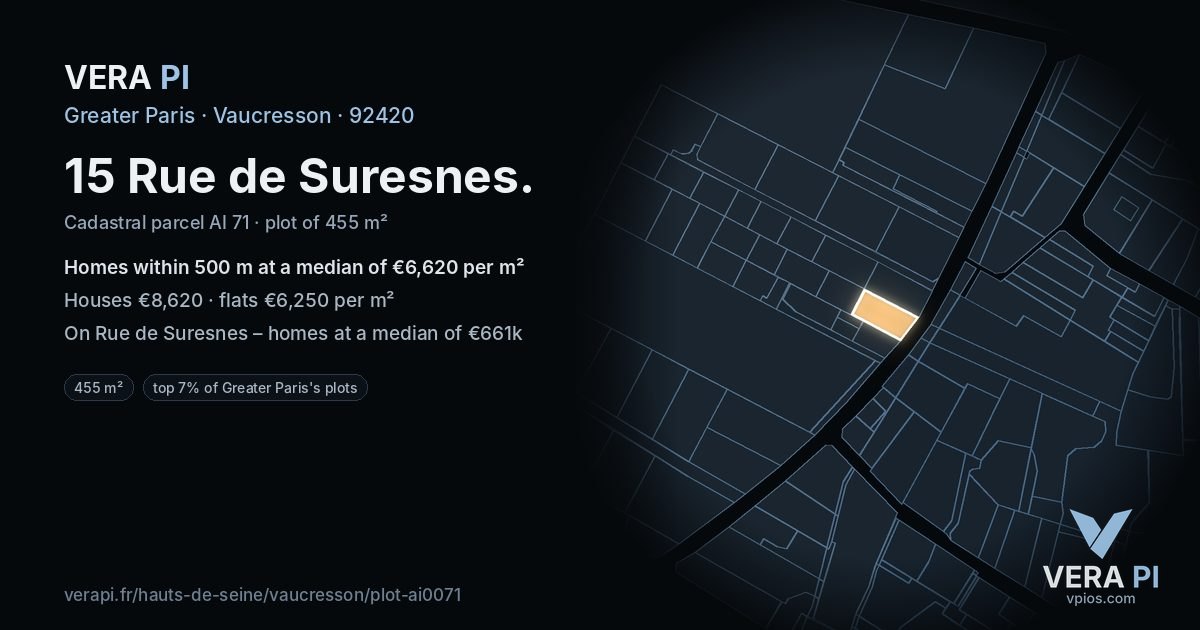 15 Rue de Suresnes, Vaucresson at night – the plot lit, the parcels around coloured by the prices near them