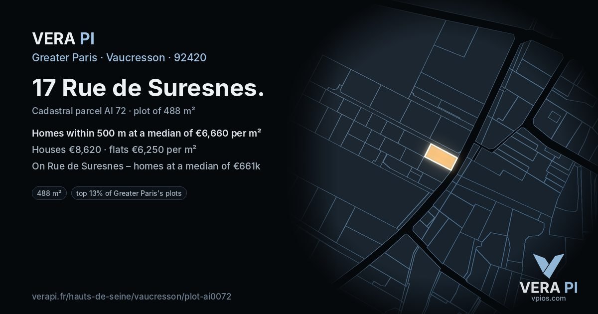 17 Rue de Suresnes, Vaucresson at night – the plot lit, the parcels around coloured by the prices near them