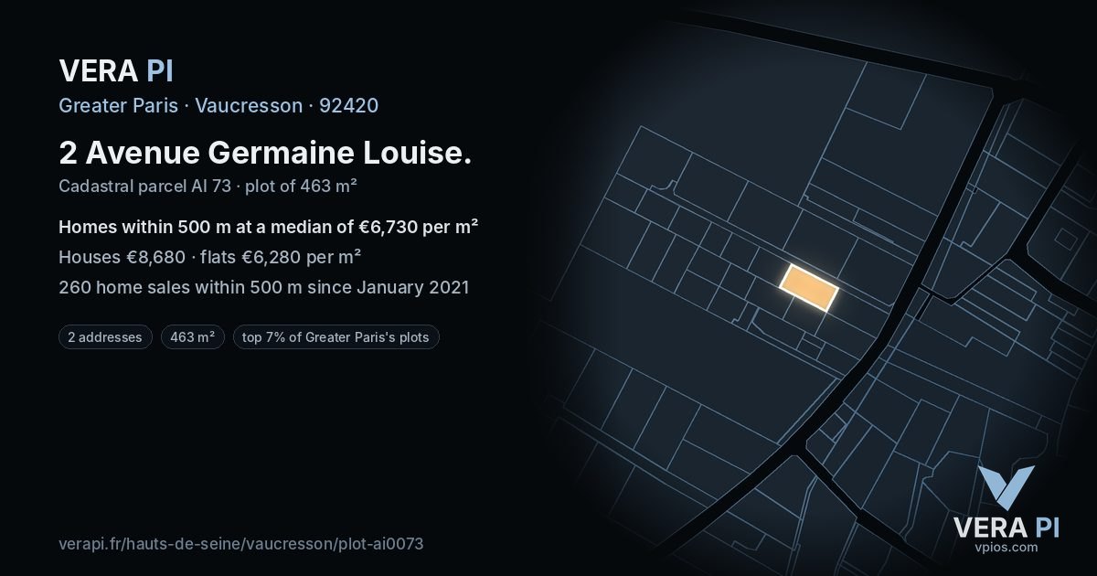 2 Avenue Germaine Louise, Vaucresson at night – the plot lit, the parcels around coloured by the prices near them