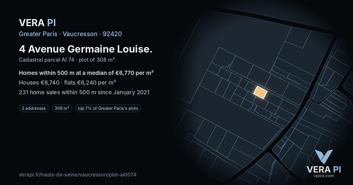 4 Avenue Germaine Louise, Vaucresson at night – the plot lit, the parcels around coloured by the prices near them