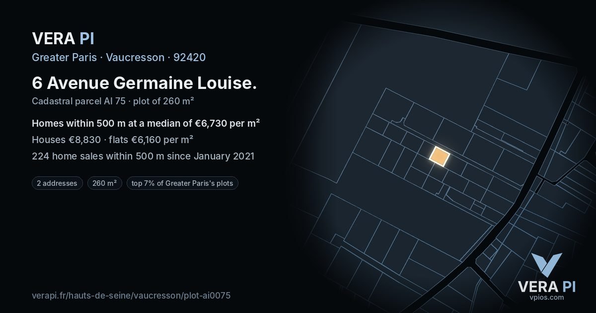 6 Avenue Germaine Louise, Vaucresson at night – the plot lit, the parcels around coloured by the prices near them